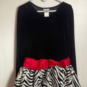 Bonnie Jean- Girls black velvet red satin tie with bow zebra print
